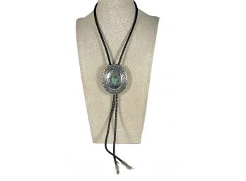 Vintage Sterling Silver Large Turquoise Leather Mens Bolo Tie