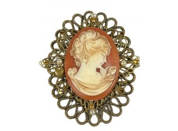 Vintage Signed Costume Plastic Cameo Brooch And Gilt Brass Setting