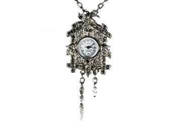 Silver Tone Vintage Cuckoo Clock Watch Pendant Necklace
