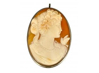 Large Very Fine Hand Carved Shell Cameo Woman With Bird Sterling Silver