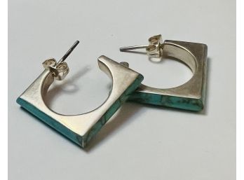 VINTAGE STERLING SILVER TURQUOISE SQUARE FORM EARRINGS