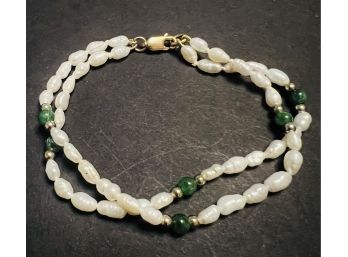 VINTAGE PEARL & GREEN STONE DOUBLE STRAND BRACELET 14K GOLD FILLED CLASP