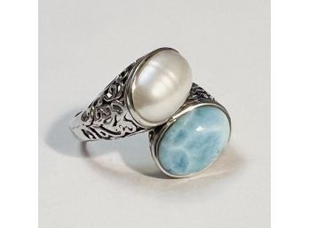AMAZING STERLING SILVER LARIMAR & PEARL RING