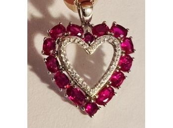 VINTAGE STERLING SILVER RUBY & CZ HEART NECKLACE