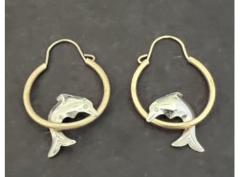 VINTAGE 14K WHITE & YELLOW GOLD DOLPHIN EARRINGS