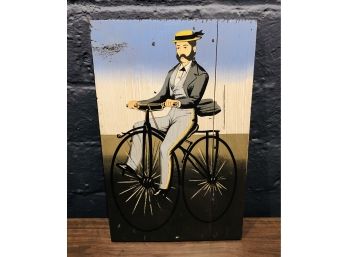 Vintage George Nathan Silkscreen On Wood Of Cyclist