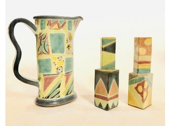Set Of Vintage TS POST Abstract Studio Pottery Candlesticks And Pitcher