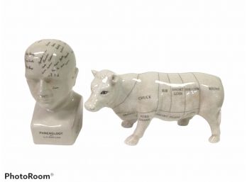 LOT OF L N Fowler London Phrenology Ceramic Head 8' & Ceramic Butcher's Beef Cut Chart Cow/Steer Figurine
