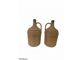 VINTAGE GREEN GLASS PAIR OF 1 GALLON CARBOY FERMENTER WINE JUGS WITH PLASTIC EXTERIOR COVERS