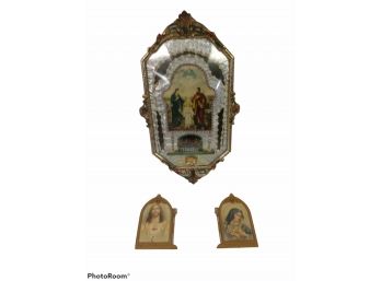 RELIGIOUS LOT BUBBLE DOME CONVEX PRINT WITH MARY, JESUS & JOSEPH &  PAIR OF RELIGIOUS CAST IRON FRAMED PRINTS