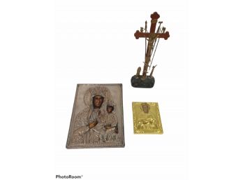 VINTAGE PAIR OF  RUSSIAN ORTHODOX RELIGIOUS ICONS &  ARMA CHRISTI WOOD CRUCIFIX With Metal Pieces & Base