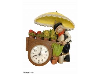 Burwood Products HOMCO Wall Clock 1977 Old Man Peddler W/Cart Selling Flowers US