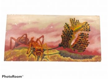 SUREALIST PAINTING ON BOARD BY ALFREDEANGELO OF A BULLDOG ANT DATED 1975 21'X10.5'