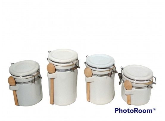 WHITE KITCHEN WARE CANISTERS WITH WOOD SPOONS