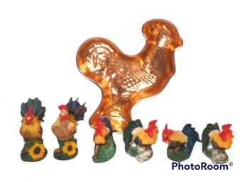 LOT OF ROOSTER FIGURES AND ROOSTER CAKE PAN