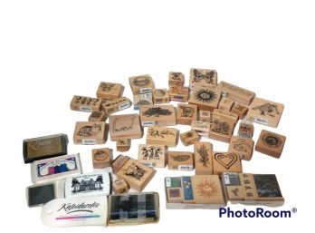 HUGE LOT OF WOOD BLOCK RUBBER STAMPS WITH INK PADS
