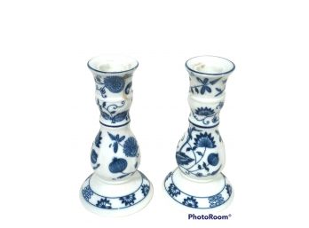 PAIR OF BLUE & WHITE PORCELAIN CANDLE STICK HOLDERS