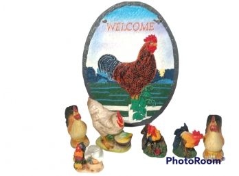 LOT OF ROOSTER FIGURINES & HAND PAINTED SLATE WALL HANGING