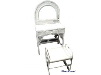 WHITE WICKER VANITY & MIRROR WITH WHITE CHAIR