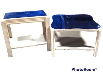 PAIR OF BLUE GLASS TOP, COFFEE TABLE & END TABLE