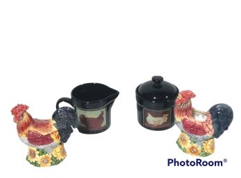 LOT OF ROOSTER DECOR, CREAMER & SUGAR BOWL, FIGURINES