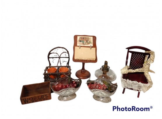 MISC LOT OF HOME DECOR ITEMS RECIPE STAND, WORLD FINEST WOOD BOX, OIL LAMP, SMALL CHAIR, & MORE