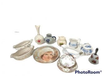 MISC LOT OF TABLEWARE & COLLECTIBLES,  GRAVY BOATS, VASES, BELL, PLATE, SUGAR BOWLS, CREAMERS