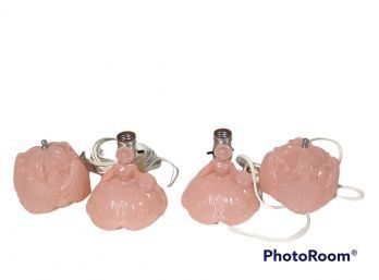 PAIR OF VINTAGE PINK GLASS SOUTHERN BELLE VICTORIAN LADY BOUDOIR LAMPS