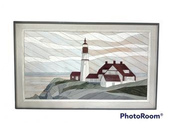 LARGE WOODEN LIGHTHOUSE NAUTICAL SCENE ON CLIFF PICTURE WALL ART 3D RECYCLED WOOD ART FRAMED 36.5'X22.5'