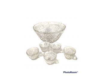 CUT GLASS PUNCH BOWL WITH 5 CUPS
