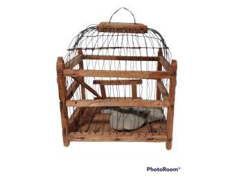 FOLK ART HAND MADE WOOD & WIRE BIRD CAGE WITH CONCRETE DOVE INSIDE