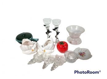 MISC LOT OF HOME DECOR, GLASS CANDLE STICKS, GLASS TOMATO AND MORE