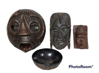 LOT OF AFRICAN  MASKS AND HAND MADE BOWL