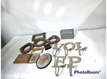 HUGE MIX LOT OF DECOR ITEMS, MIRRORS, LETTERS WITH HOOKS, WALL HANGINGS