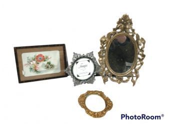 LOT OF PICTURE FRAMES AND SMALL VICTORIAN STYLE BRASS WALL MIRROR