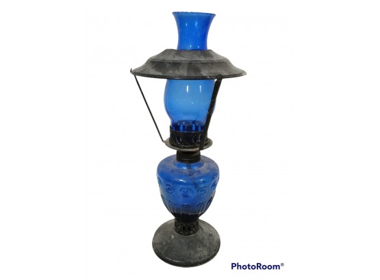 ANTIQUE BLUE GLASS OIL LAMP WITH HOOD  16.5' TALL