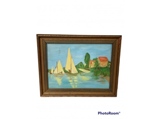 VINTAGE FOLK ART SAIL BOAT OIL PAINTING UNSIGNED 15.5'X12.25'