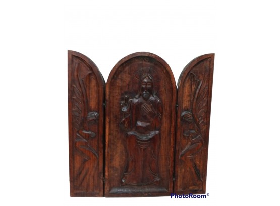 RELIGIOUS JESUS 3 FOLD CARVED WOOD WALL HANGING