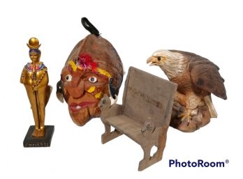 LOT OF MIXED ITEMS, COCONUT HAND MADE HEAD, EAGLE STATUE, EGYPTION STATUE, CAT CHAIR HAND MADE