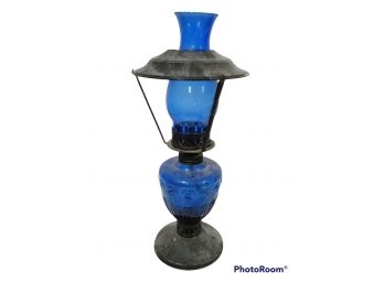 ANTIQUE BLUE GLASS OIL LAMP WITH HOOD  16.5' TALL