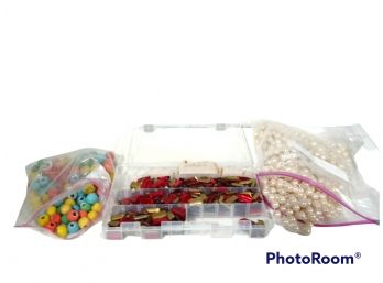 HUGE LOT OF ARTS & CRAFTS SUPPLIES, CERAMIC BEADS, STRINGED PEARL BEADS, RUBY COLORED BEADS