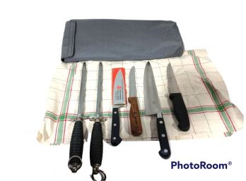 LOT OF CHEF KNIVES & SHARPENERS  WITH KNIFE BAG AND TOWEL