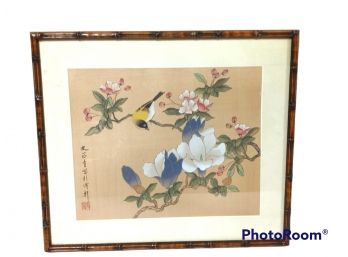 VINTAGE ASIAN WATER COLOR ON SILK  SIGNED BY ARTIST  BIRD AND FLOWERS 16.5'X14'