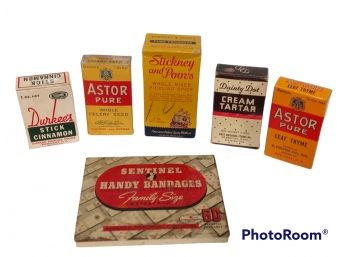 ANTIQUE KITCHEN SPICES IN ORIGINAL BOXES AND BAND-AID TIN