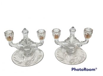 PAIR OF HEISEN GLASS CANDLE STICKS
