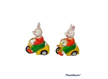 VINTAGE PLASTIC RABBIT'S ON BICYCLES  FRICTION TOYS