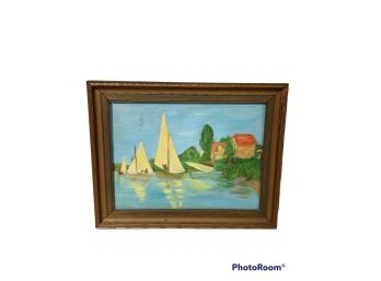VINTAGE FOLK ART SAIL BOAT OIL PAINTING UNSIGNED 15.5'X12.25'