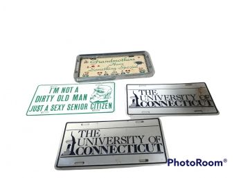 LOT OF 4 VANITY LICIENSE PLATES, UNIVERSITY OF CONNECTICUT, DIRTY OLD MAN SEXY SENIOR CITIZEN, GRAND MOTHERS