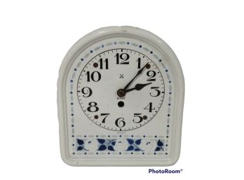 ANTIQUE MADE IN GERMANY PORCELAIN 8 DAY CLOCK WITH CROSSED ARROWS MARKING ALSO KNOWN AS DELFTWARE