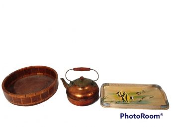 MIX LOT, WOODEN BOWL FROM STANDARD SPECIALTY CO. , 2-PIECE CONSTRUCTION COPPER TEA POT, HAND PAINTED FISH TRAY